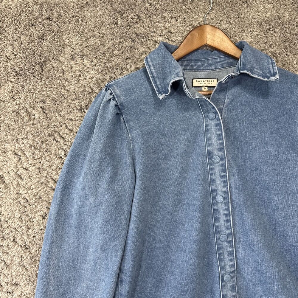 Bagatelle Collection Denim Puff Sleeve Shirt Jacket Medium Collared Snap Button - Picture 3 of 11